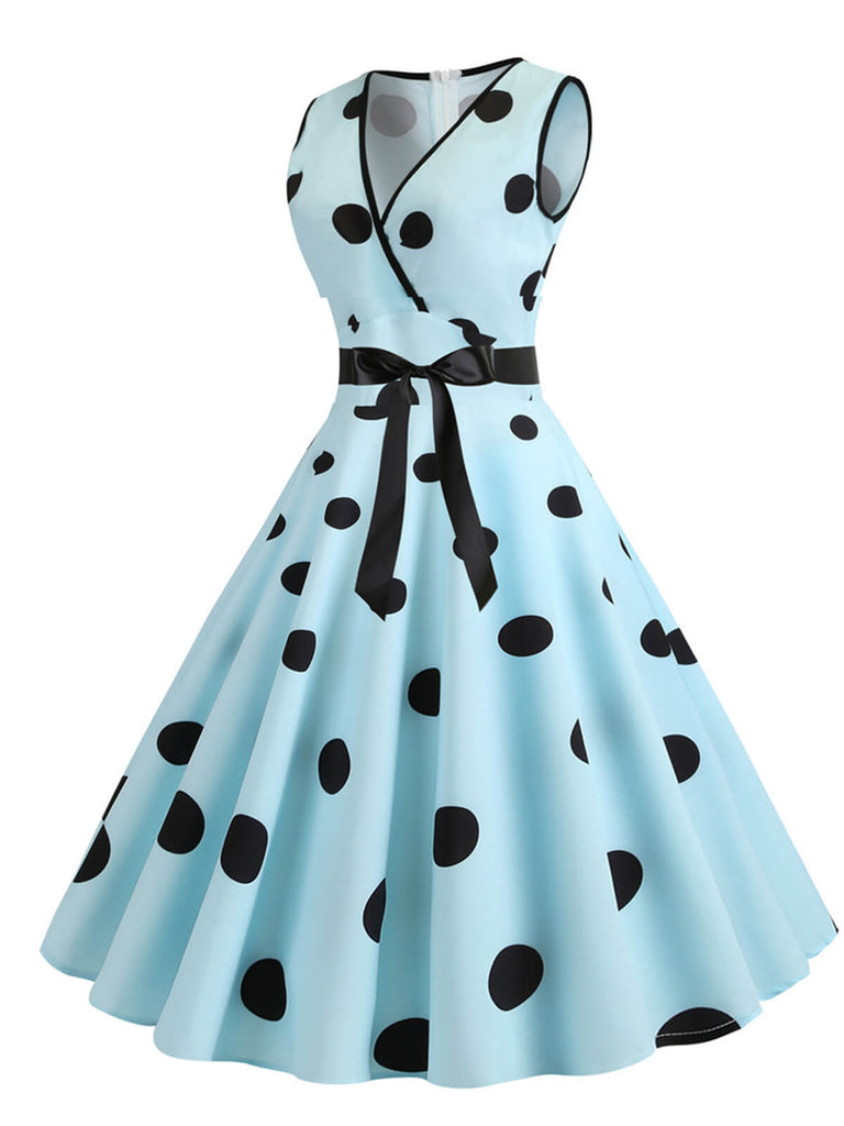 Blau 1950er Bogen Tupfen Swing Kleid