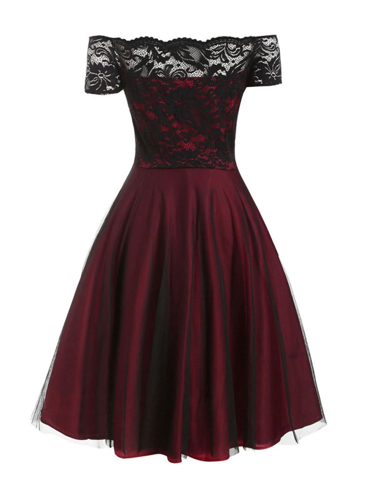 Weinrot 1950ER SCHULTERFREI SPITZE SWING BLUMEN KLEID