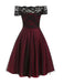Weinrot 1950ER SCHULTERFREI SPITZE SWING BLUMEN KLEID