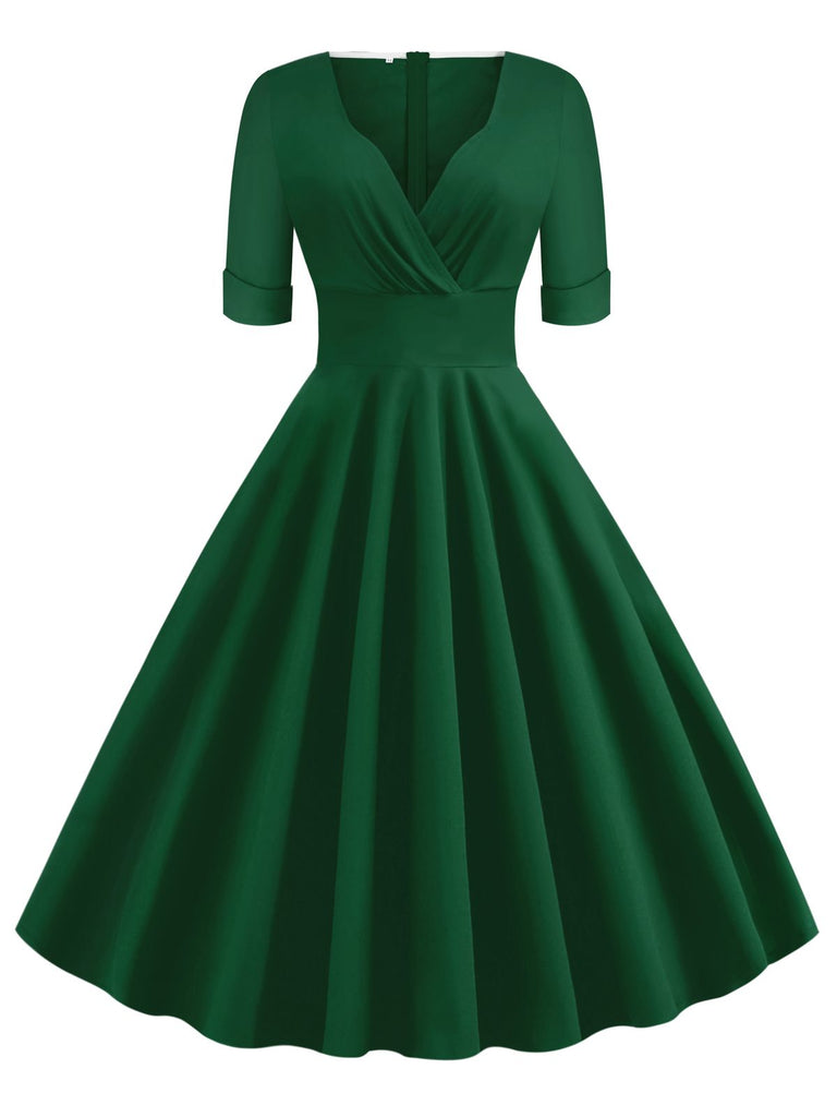 Grün 1950ER HOHE TAILLE V-AUSSCHNITT SWING KLEID