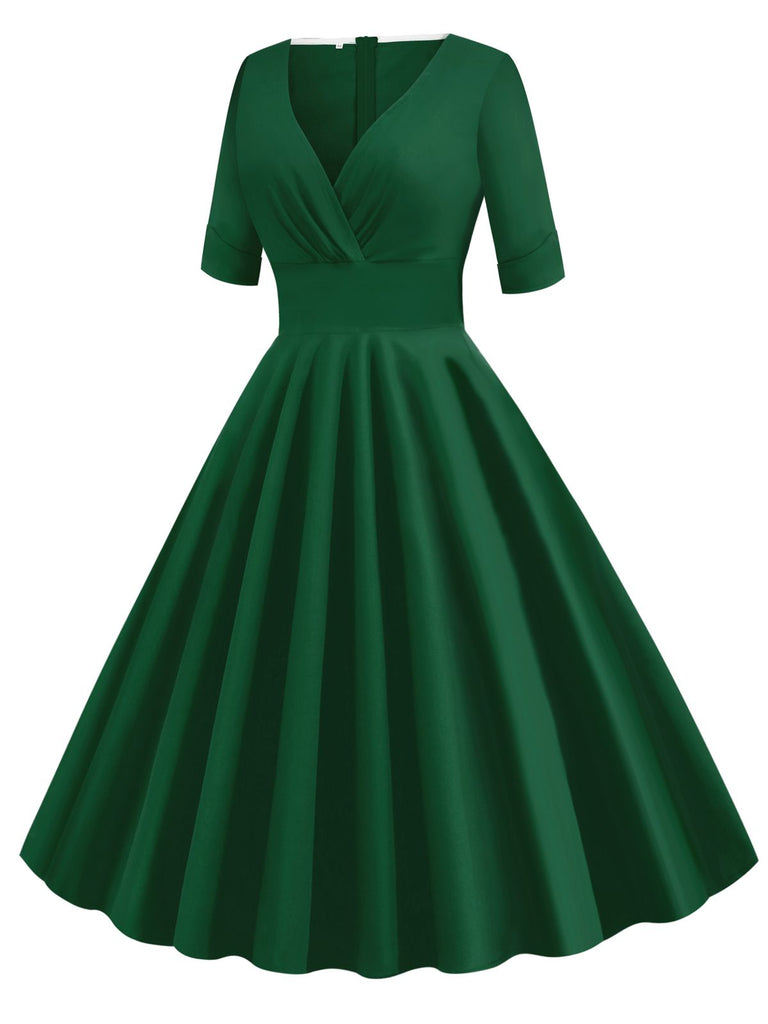 Grün 1950ER HOHE TAILLE V-AUSSCHNITT SWING KLEID