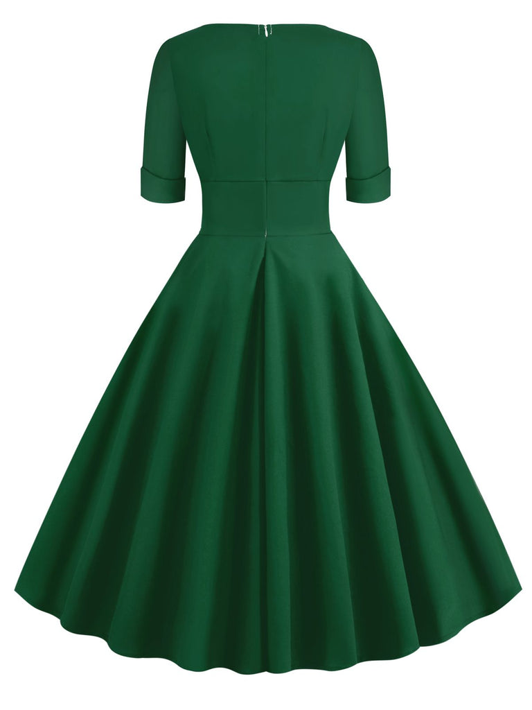 Grün 1950ER HOHE TAILLE V-AUSSCHNITT SWING KLEID