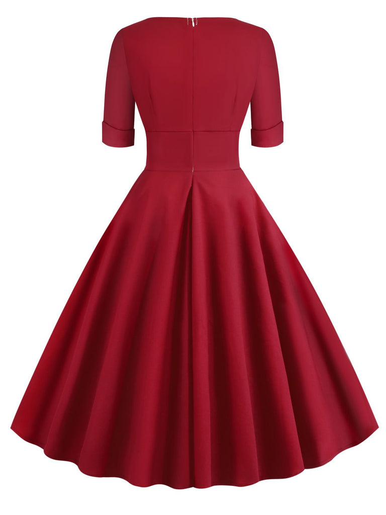 Weinrot 1950ER HOHE TAILLE V-AUSSCHNITT SWING KLEID