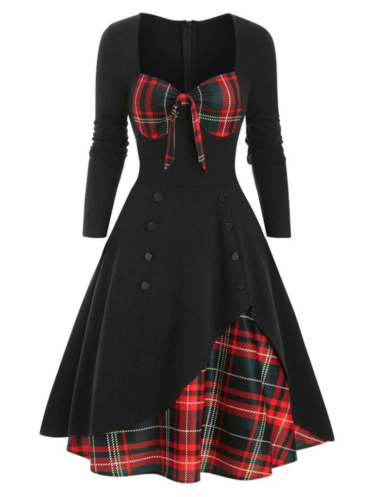 1950ER LANGE ÄRMEL PATCHWORK PLAID KLEID