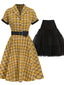 2PCS GELB PLAID 1950ER KLEID  & SCHWARZ UNTERROCK