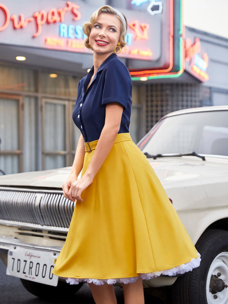 1950ER PATCHWORK V-AUSSCHNITT KURZARM SWING KLEID