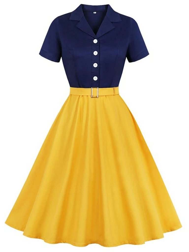 1950ER Patchwork V-Ausschnitt Kurzarm Swing Kleid