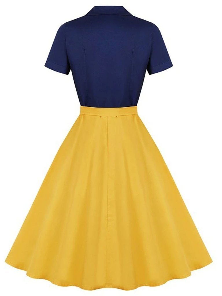 1950ER Patchwork V-Ausschnitt Kurzarm Swing Kleid
