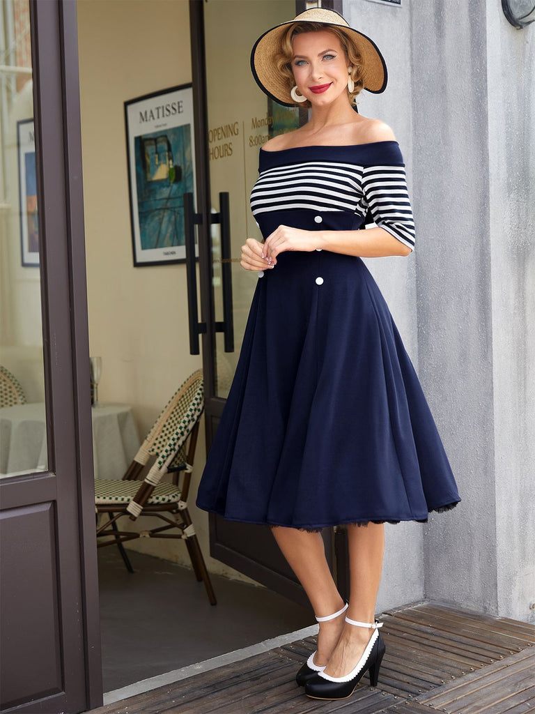MARINEBLAU 1950ER STREIFEN SCHULTERFREIES KLEID