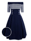 MARINEBLAU 1950ER STREIFEN SCHULTERFREIES KLEID