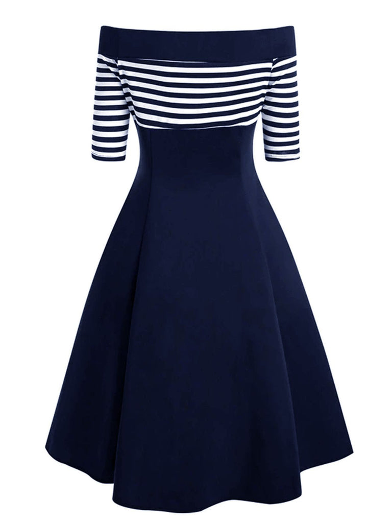 MARINEBLAU 1950ER STREIFEN SCHULTERFREIES KLEID