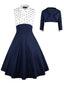 2PCS Marineblau 1950er Tupfen Patchwork Swing Kleid