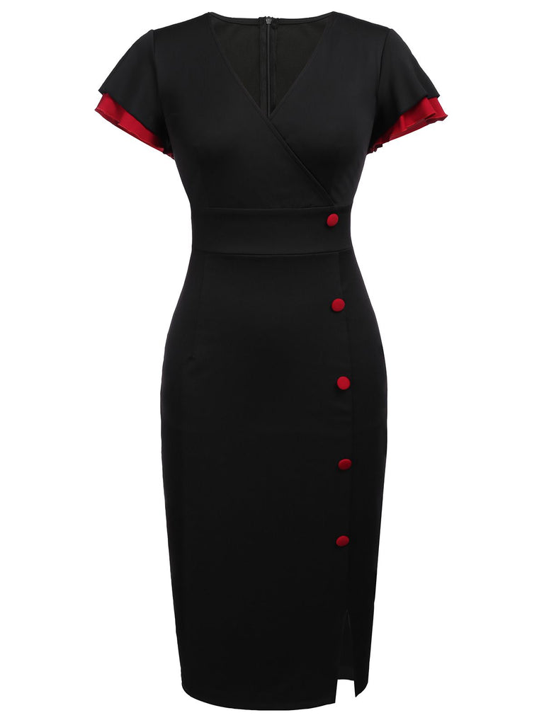 Schwarz 1960er Kurzarm V-Ausschnitt Pencil Kleid