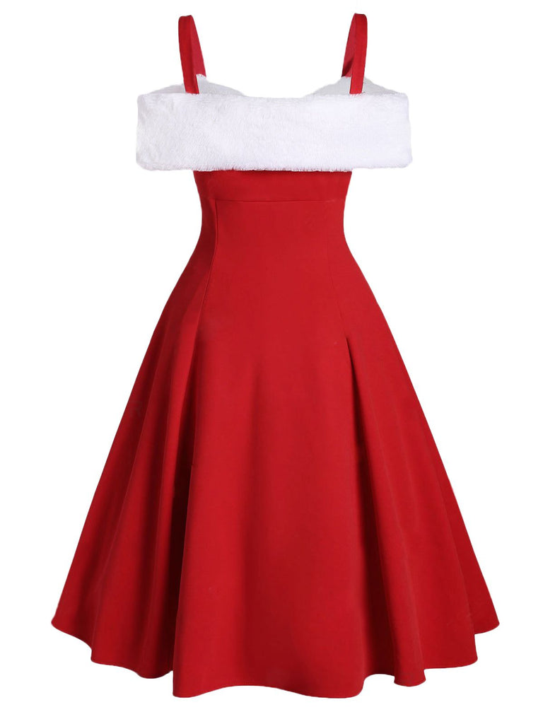 Rot 1950er Weihnachten Bogen Kalte Schulter Swing Kleid
