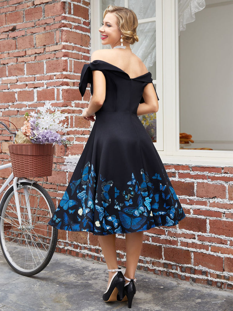 1950ER VINTAGE SCHULTERFREI SCHMETTERLING KLEID