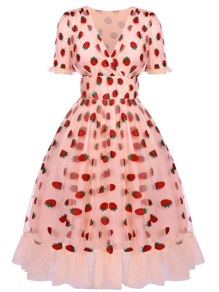 Rosa 1950er Spitze Erdbeere Swing Kleid