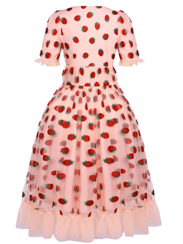 Rosa 1950er Spitze Erdbeere Swing Kleid