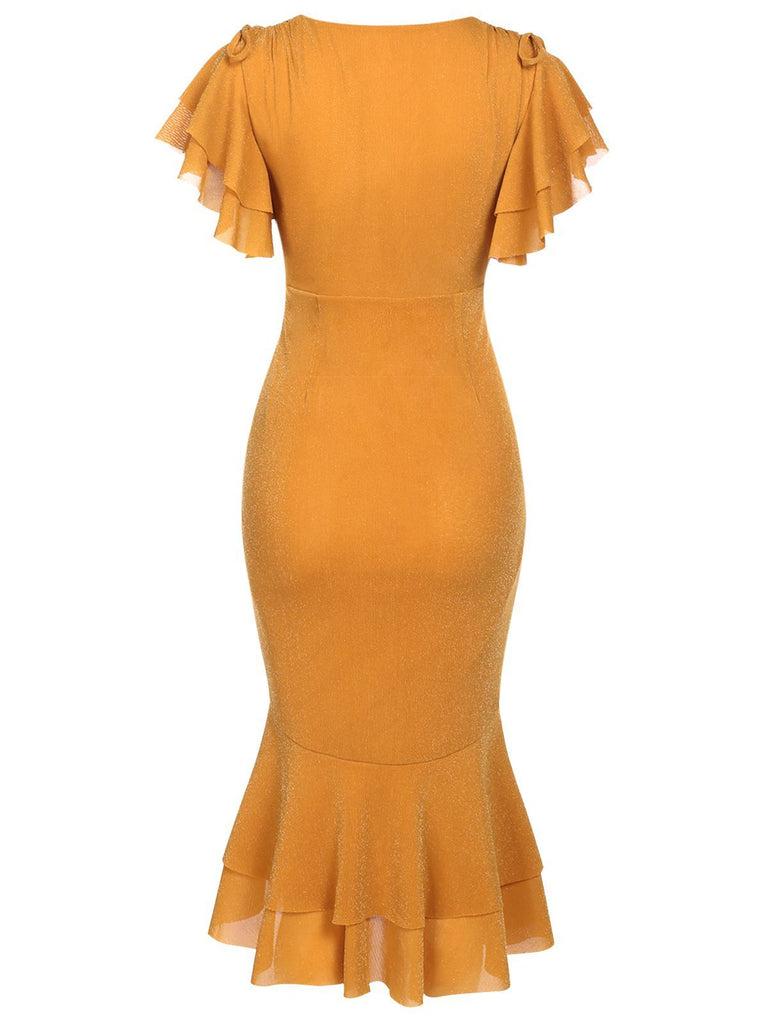 Gelb 1930er Rüsche Schnürschuh Fischschwanz Kleid