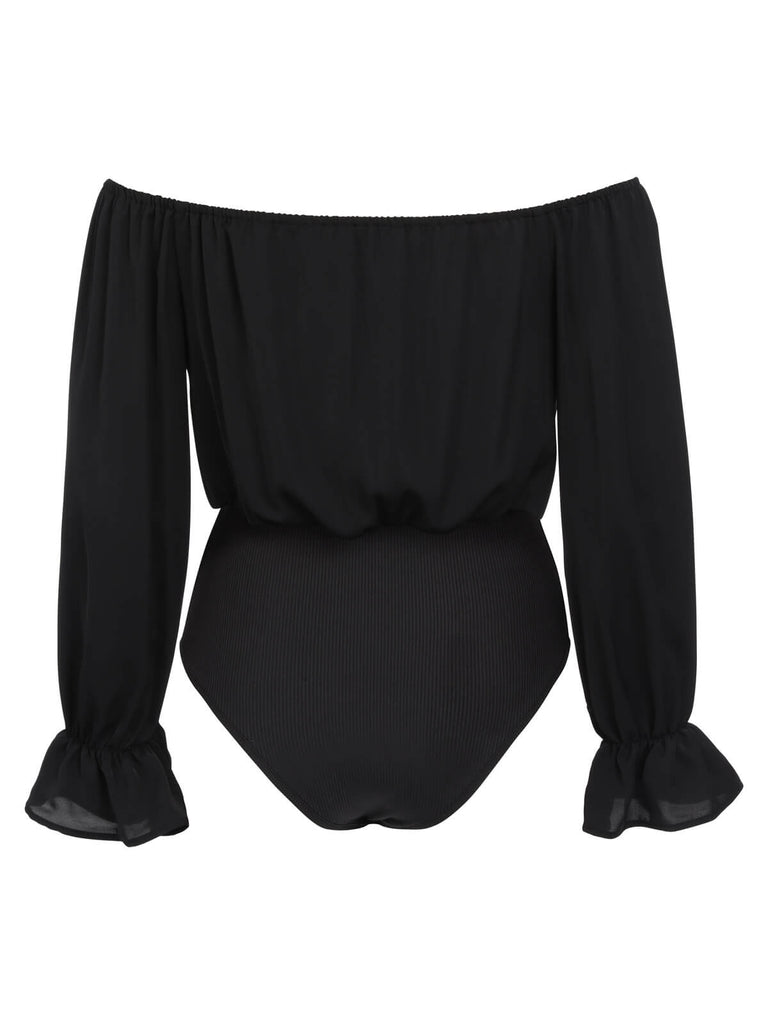 SCHWARZER VINTAGE-BODY MIT BLUMEN V-AUSSCHNITT
