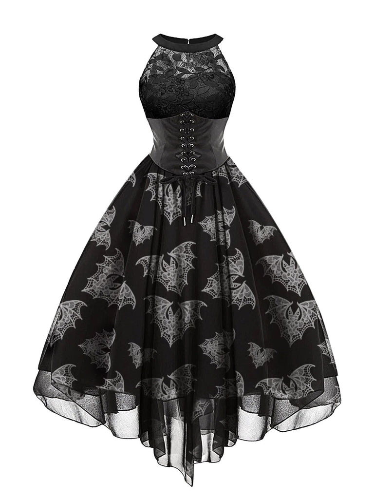 1950er Halloween Gothic Fledermaus-Druck Spitze Kleid