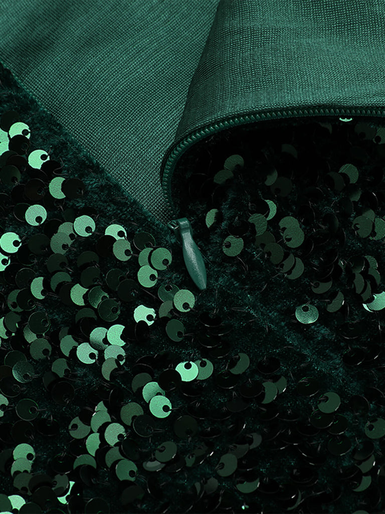 Grün 1960er Pailletten Schulterfrei Bleistift Kleid