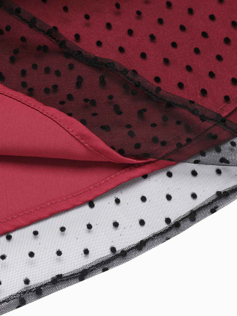 Dunkelrot 1950er Tupfen Netz Swing Kleid