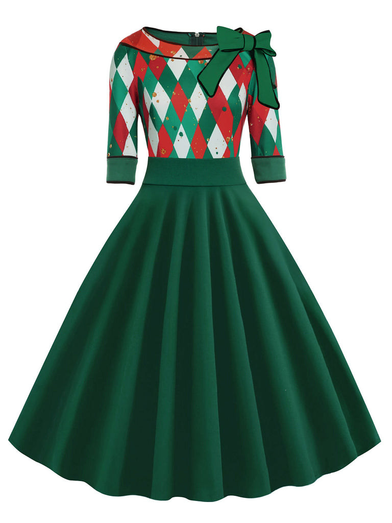 Grün 1950er Weihnachten Plaid Patchwork Kleid