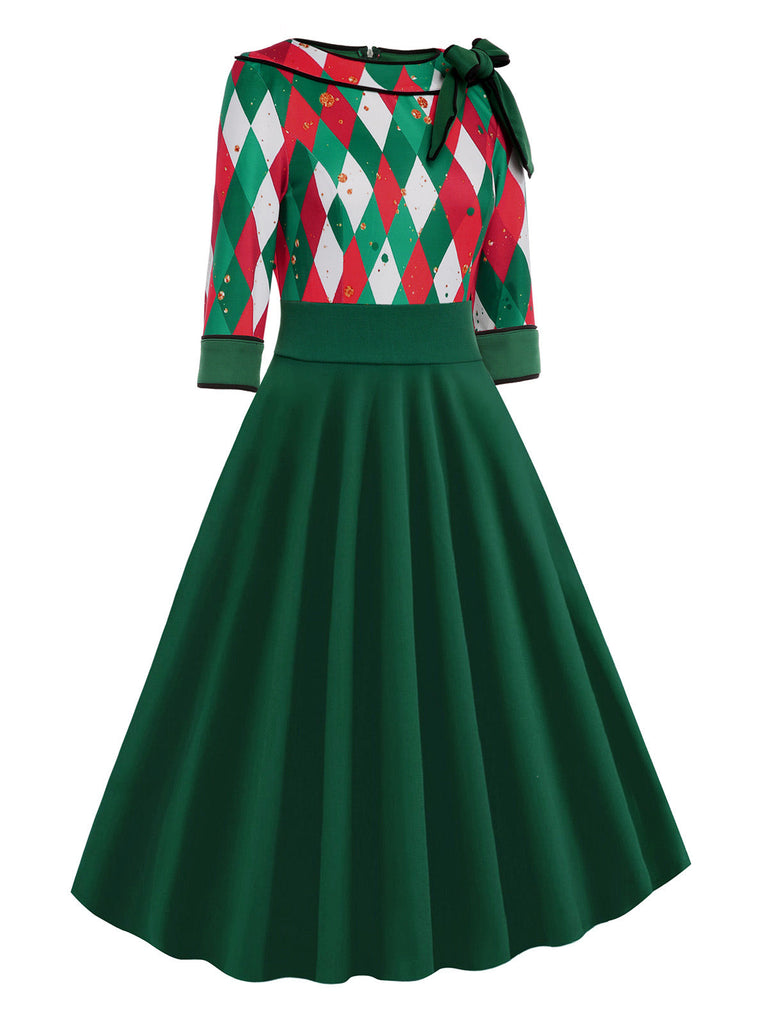 Grün 1950er Weihnachten Plaid Patchwork Kleid