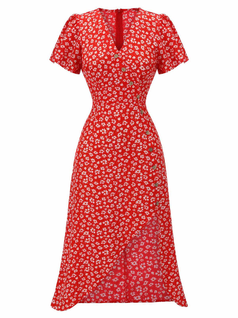 Lila 1930er Geblümtes V-Ausschnitt-Knopfkleid