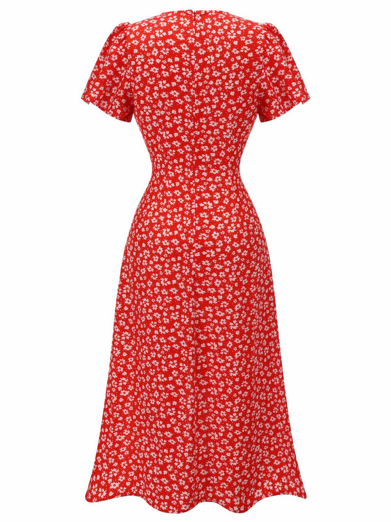 Lila 1930er Geblümtes V-Ausschnitt-Knopfkleid