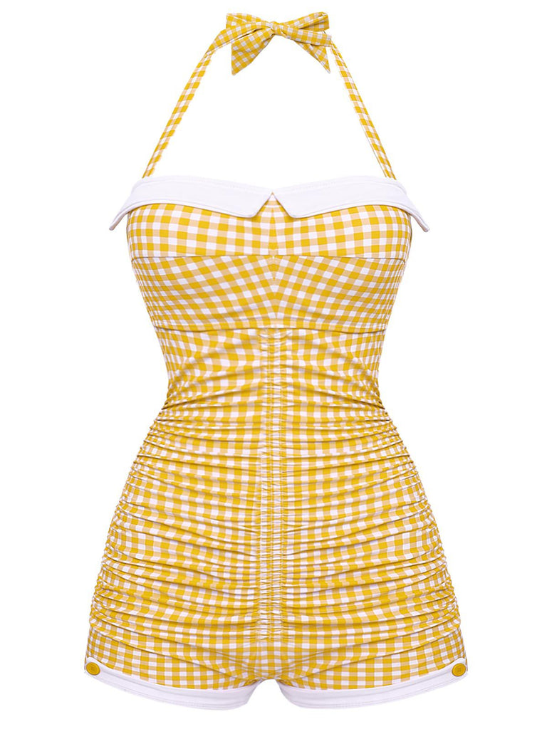Gelb Gingham 1950er Schleife Neckholder Badeanzug