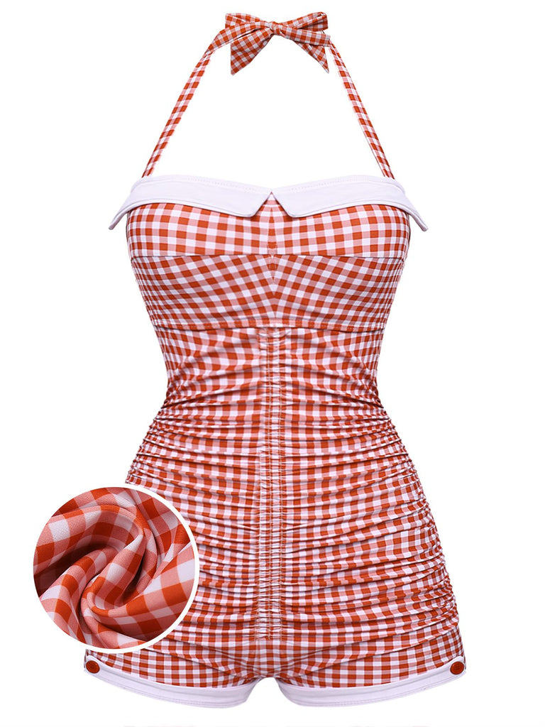 Gelb Gingham 1950er Schleife Neckholder Badeanzug