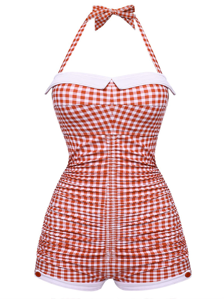 Gelb Gingham 1950er Schleife Neckholder Badeanzug