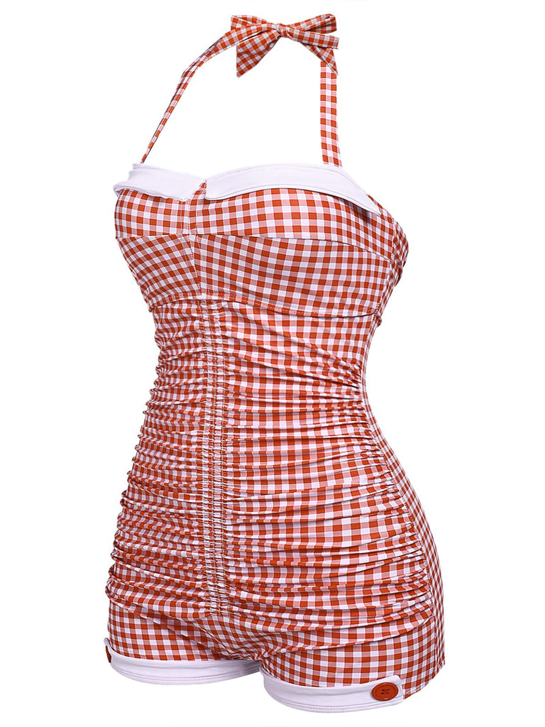 Gelb Gingham 1950er Schleife Neckholder Badeanzug