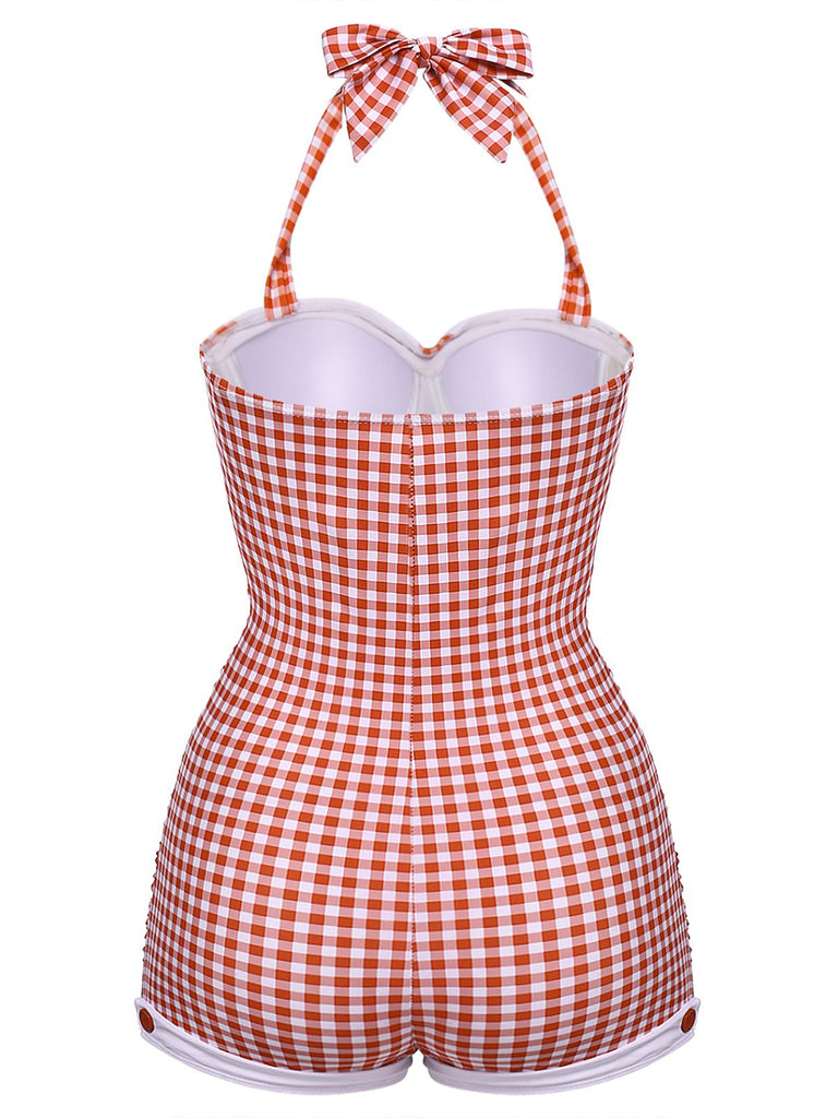 Gelb Gingham 1950er Schleife Neckholder Badeanzug