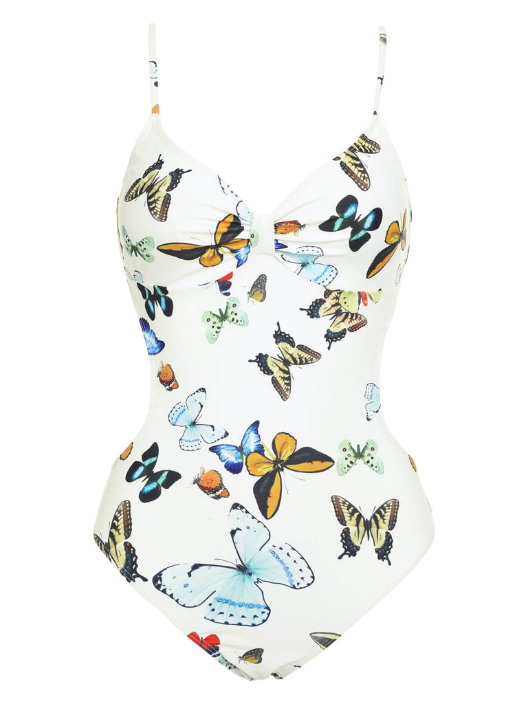 EINTEILIGER BADEANZUG MIT BUTTERFLYS-RIEMEN & ÜBERDECKEROCK