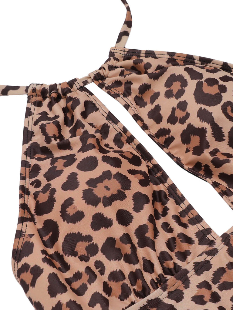 Brauner 1930er Leopard Badeanzug Mit V-Ausschnitt