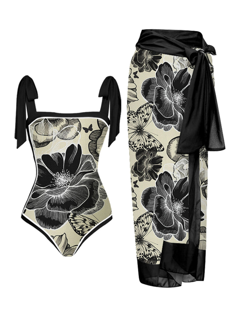 Grün 1950er Ink Floral Halter Badeanzug Einteilig