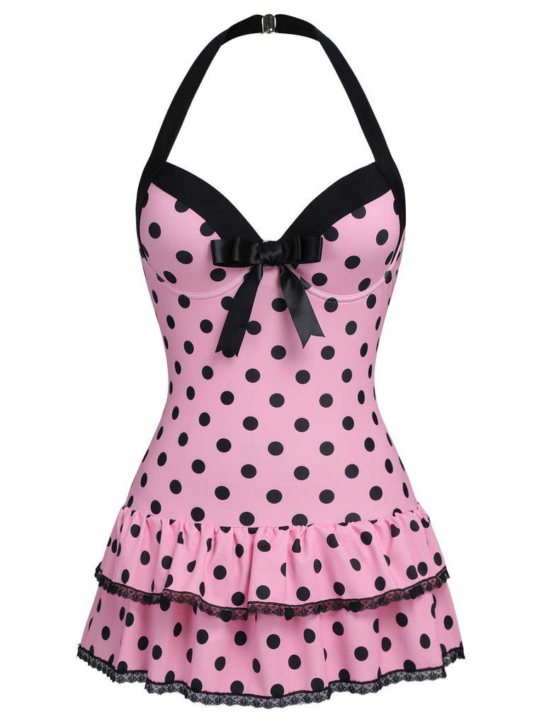 Rosa 1940er Halter Polka Dots Schleife Einteiliger Badeanzug
