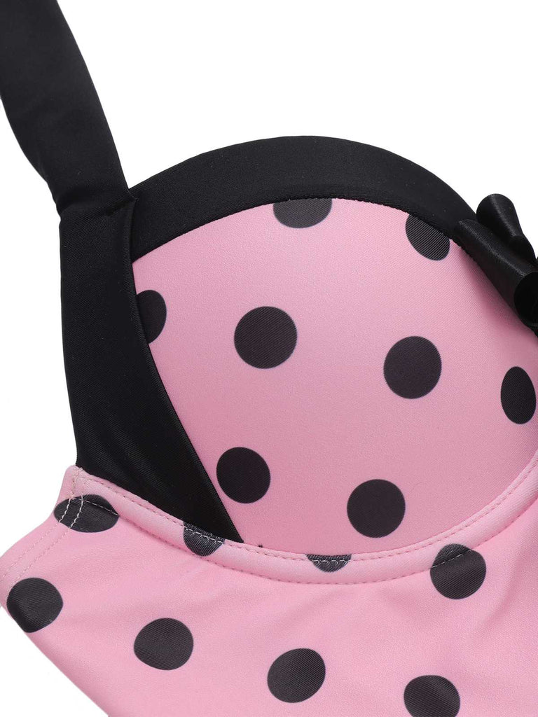 Rosa 1940er Halter Polka Dots Schleife Einteiliger Badeanzug
