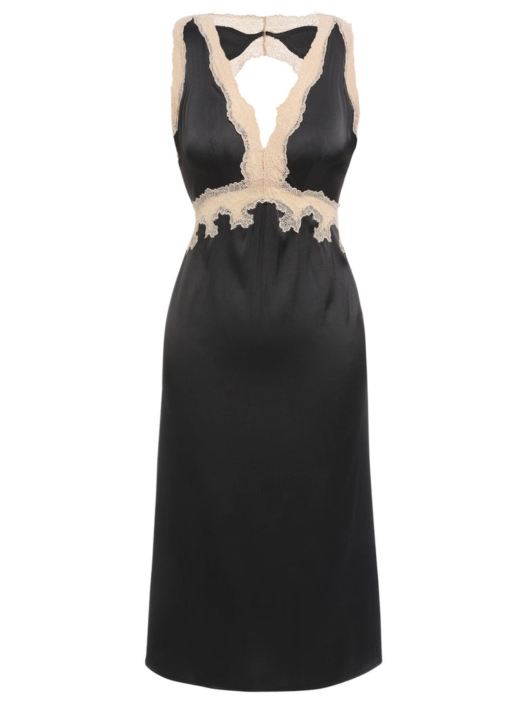 1950er Spitze Rückenfrei V-Ausschnitt Satin Nachtwäsche