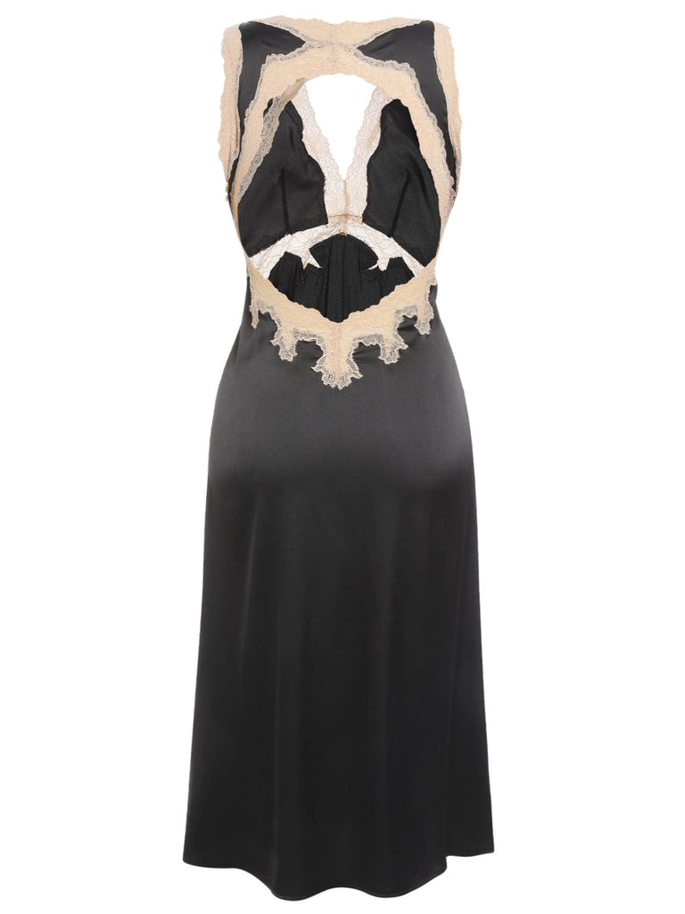 1950er Spitze Rückenfrei V-Ausschnitt Satin Nachtwäsche