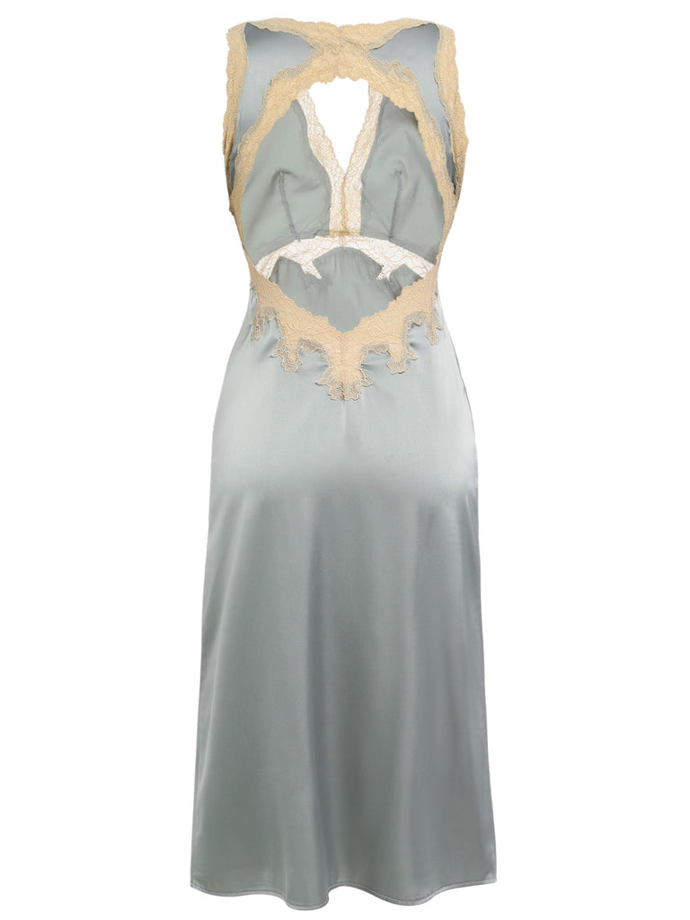 1950er Spitze Rückenfrei V-Ausschnitt Satin Nachtwäsche