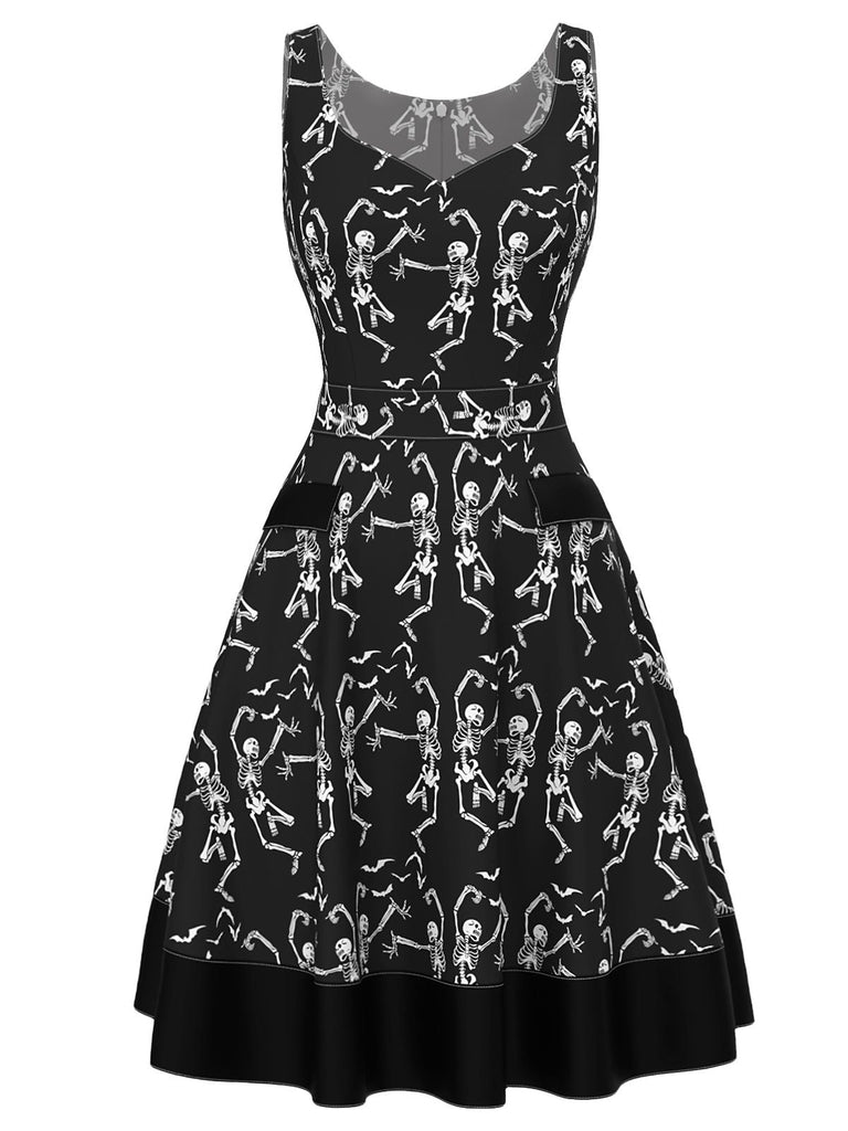 [Vorverkauf] Schwarz 1950er Vintage Skelett Regenschirm Kleid