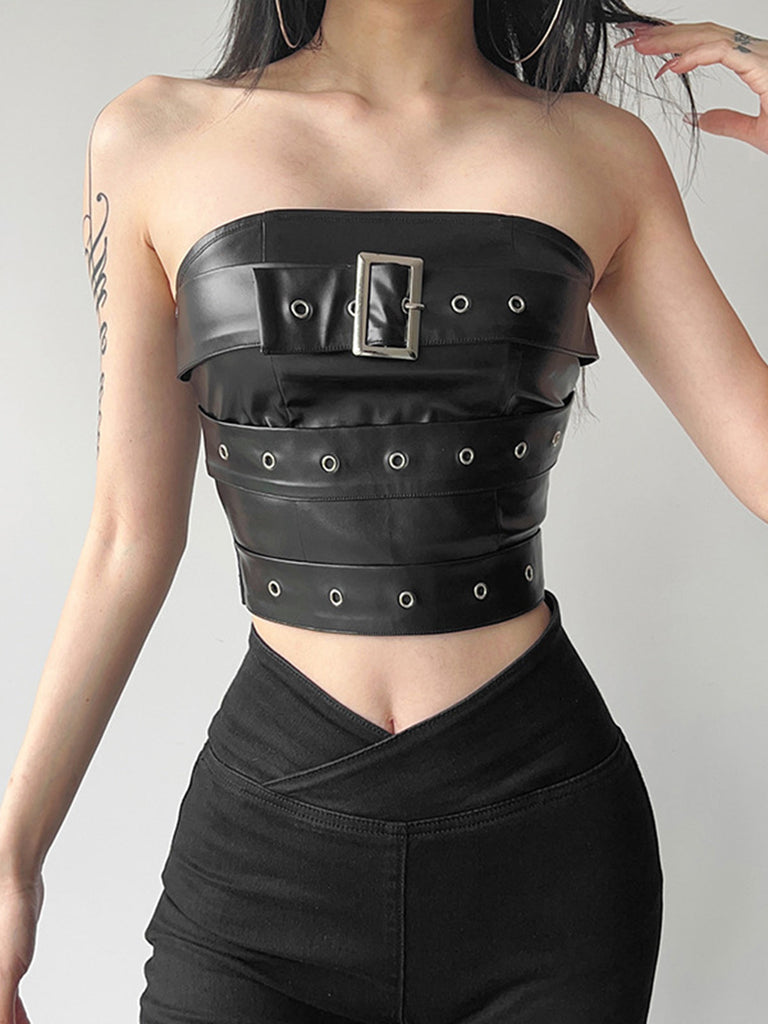 Schwarz 1980er Bandeau Punk Leder Top