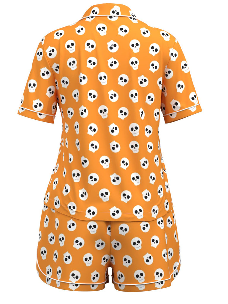 Orange 1970er Halloween Cartoon Totenkopf Pyjama