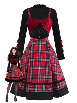 [Vorverkauf] 2PCS 1950er Samt Bogen Rollkragen Stricken Top & Plaid Kleid