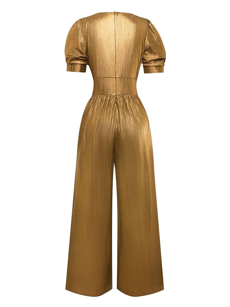 1970er Metallisch V-Ausschnitt Weites Bein Jumpsuit