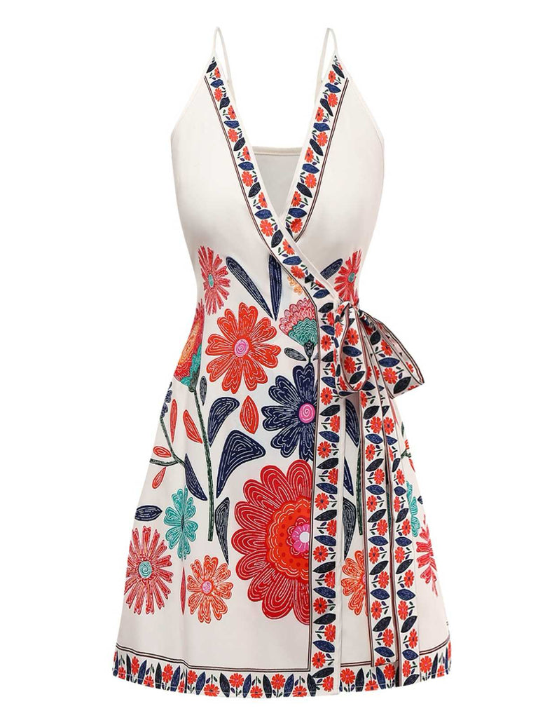1960er Spaghetti Träger V-Ausschnitt Blumen Kleid