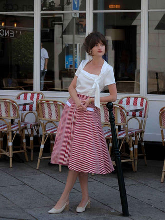 Rot 1940er Buttoned Geknöpfter Streifen Rock